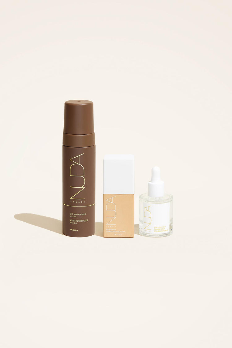 nuda self tanning mousse ultra dark - body shimmer - hyaluronique serum - ultimate glow kit